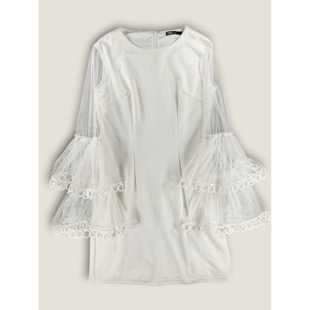 INA White Dress Small Sheer Tulle Ruffle‎ Tiered Bell Long Sleeve Cocktail Mini